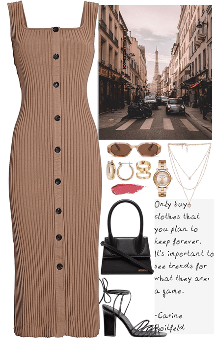 A day in Paris, brown dress & gold jewelry