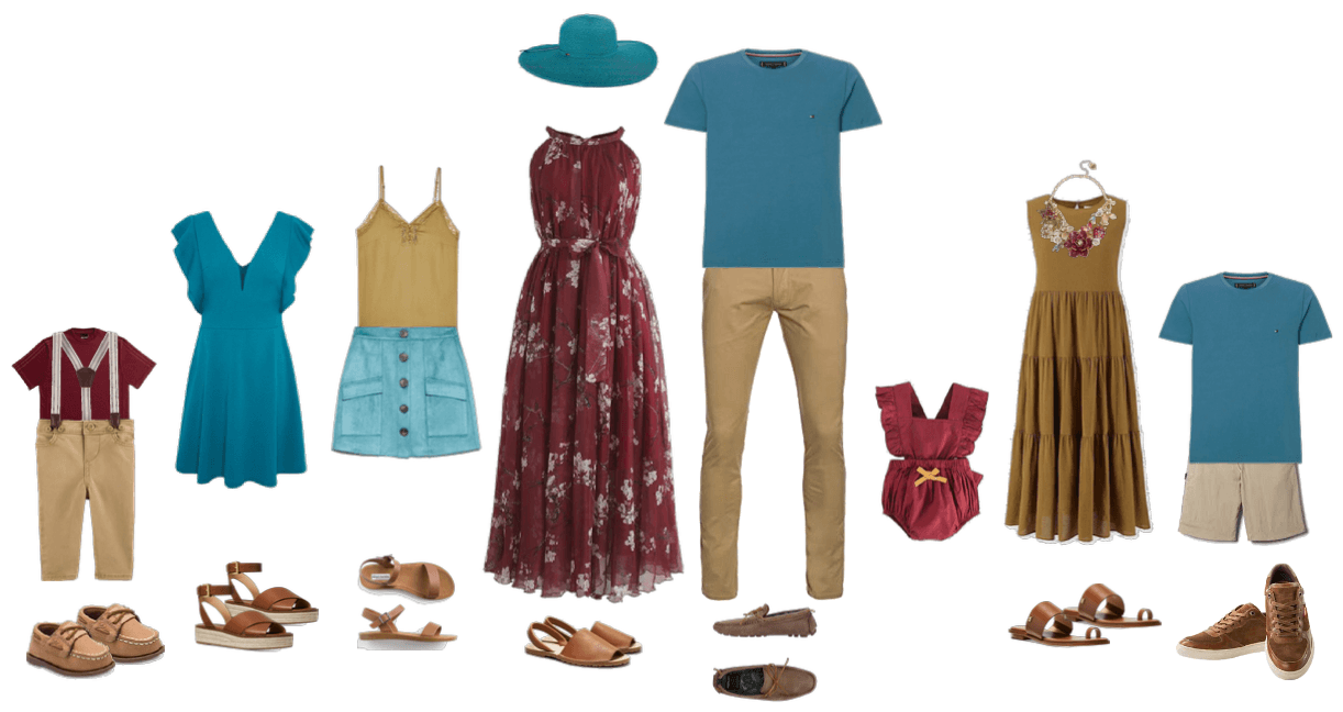 Family portrait outfits summer burgandy teal