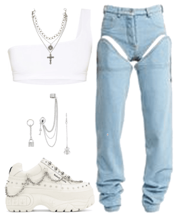 denim and white stage outfit