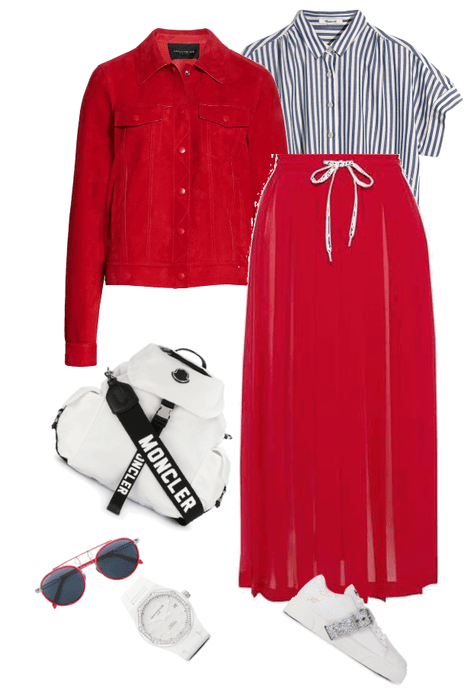 striped shirt/ red skirt