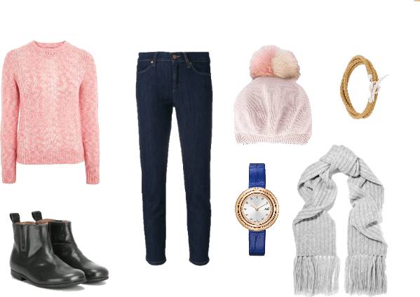 winter outfit with pink jumper, jeans, hat, scarf, boots and accesories