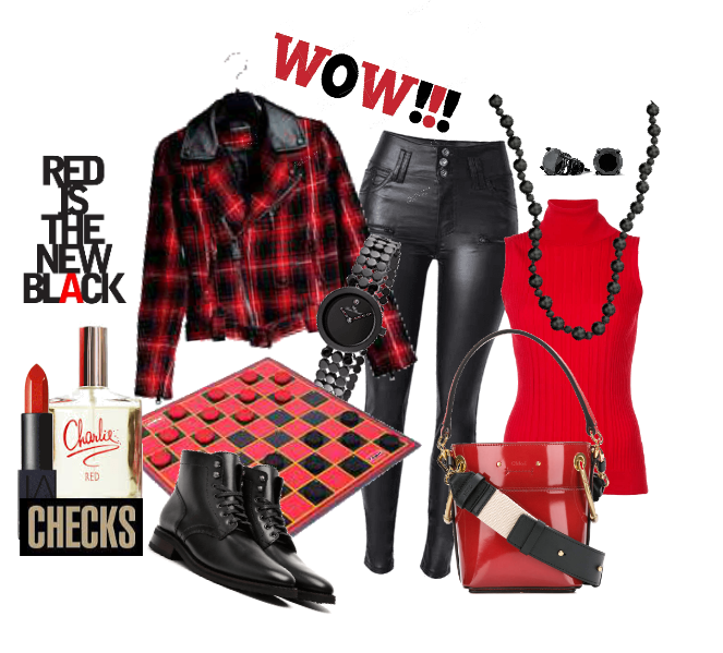 Red and Black check Jacket and LeatherJeans