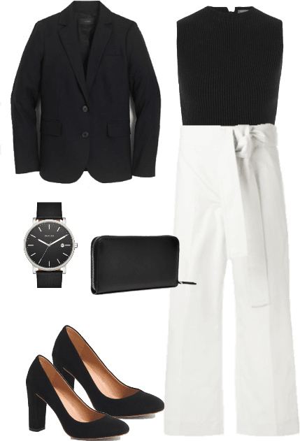 Trendy work outfit featuring high-waisted trousers