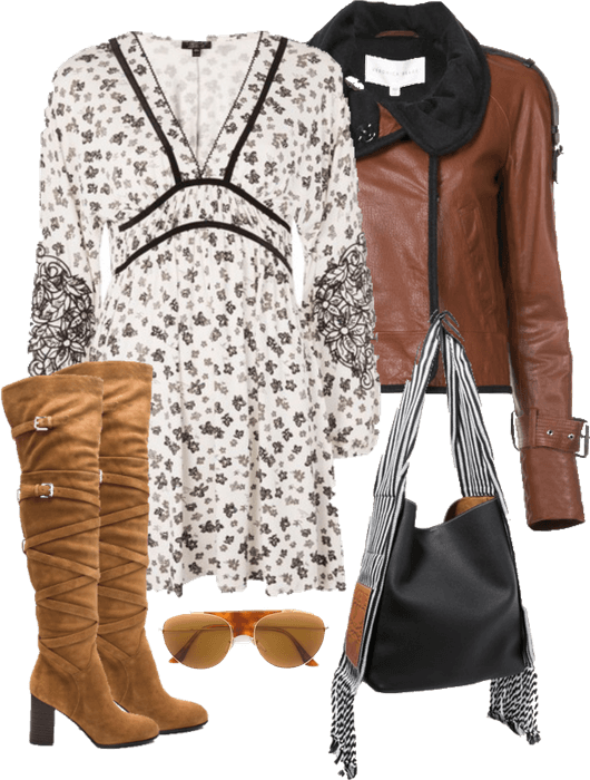 Pretty Floral Print Dress and Brown Leather Bomber Jacket