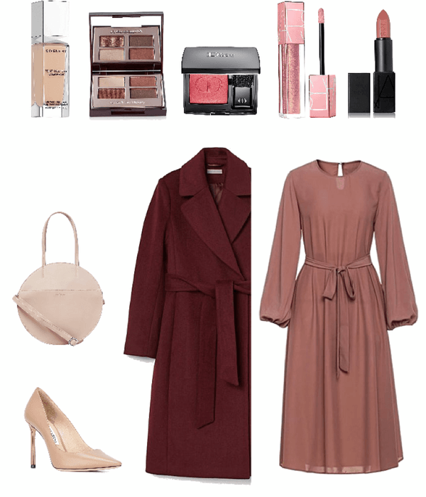 burgundy coat and rose dress