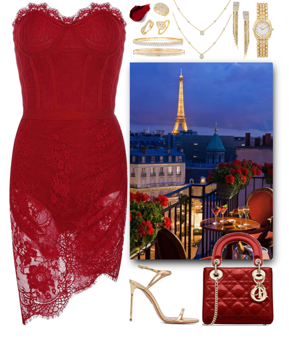 red lace dress & gold jewelry for a romantic date in Paris