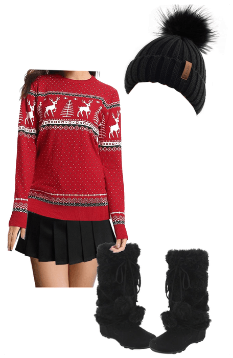 Christmas Sweater, Miniskirt, Pom Pom Boots+Hat