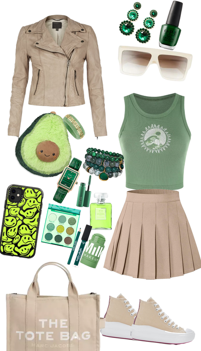 green and beige outfit