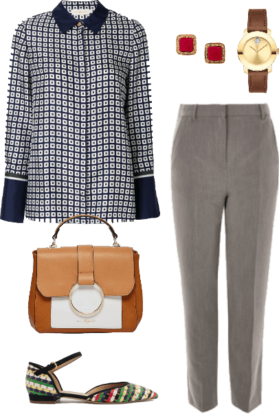 Navy Printed Blouse & Grey Trousers