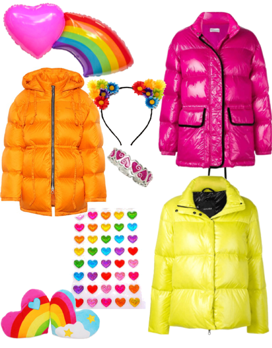 rainbow colored puffer jackets