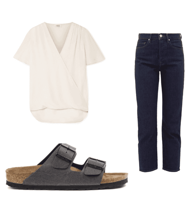 Madewell wrap top, jeans, borks