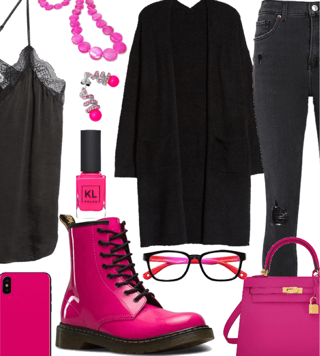neon pink shoes and a black cardigan