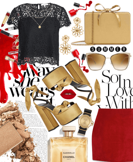 Red Skirt + Gold Clutch.