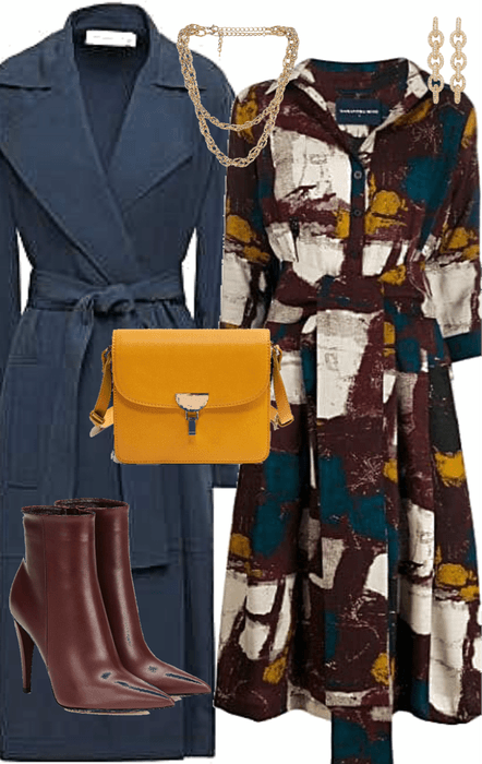 dress in mustard and maroon