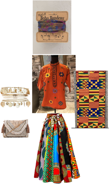 shenbolen African skirt, revole leela clutch, natural life boho headband, Mexican 60s orange tunic floral boho.