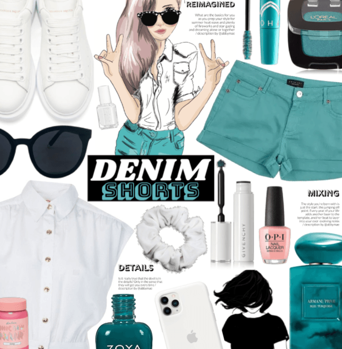 Denim Shorts| Teal, White And black|