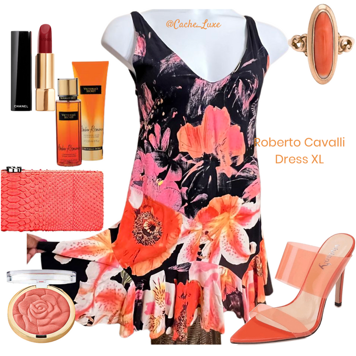 Roberto Cavalli Black Orange Multicolor Silk Dress XL @Cache_Luxe