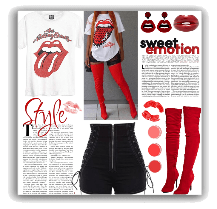 knee high boots + band tee Rolling Stones