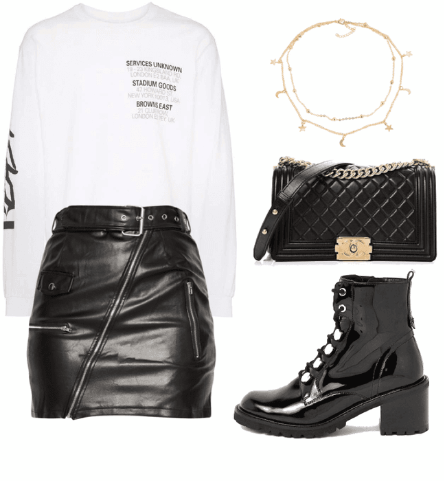 casual outfit with leather skirt & boots