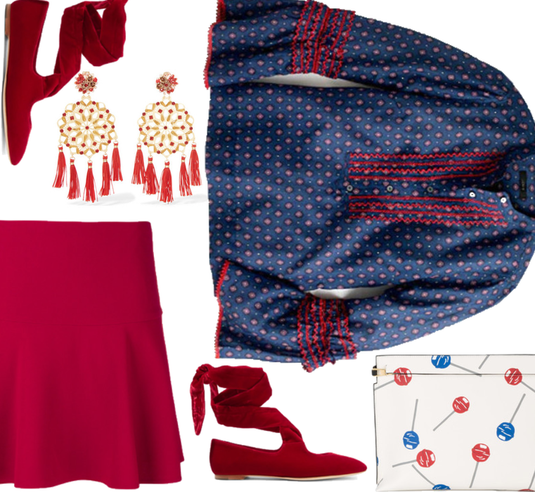 Bell-Sleeve Top & Red Skirt