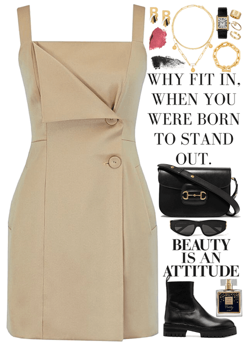 classic short dress, black bag & boots, gold jewelry