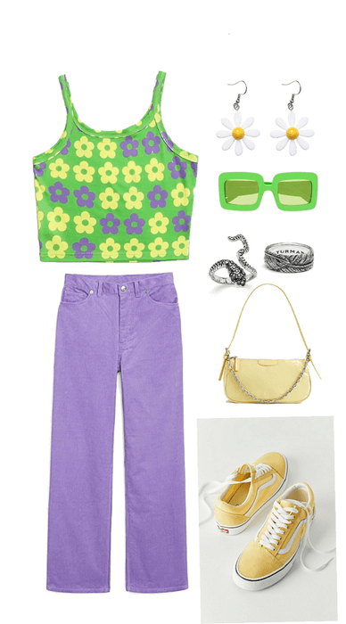 purple/green/yellow outfit