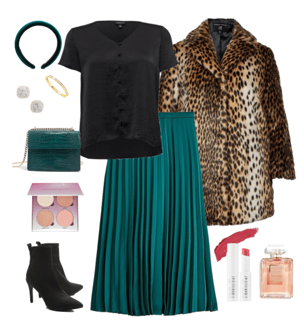 Plus Size Emerald Pleated Skirt with Leopard Coat