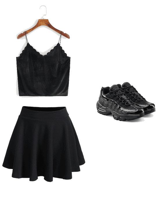 Black pleated skirt + Black crop tank top