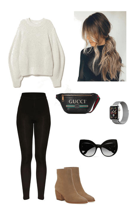 cream sweater, black leggings, and Gucci fanny pack fall outfit