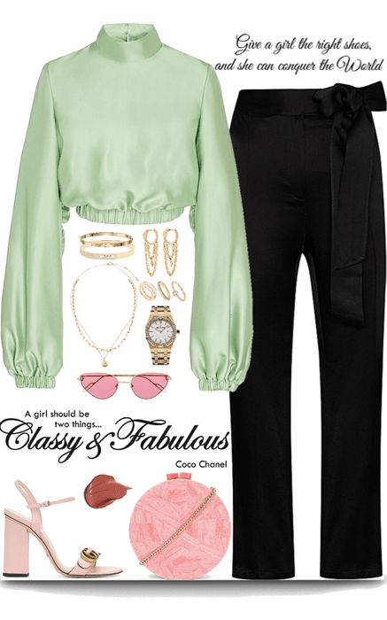 light green & pink outfit with gold jewelry