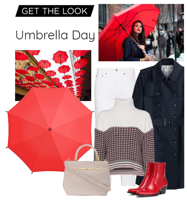 under a red umbrella