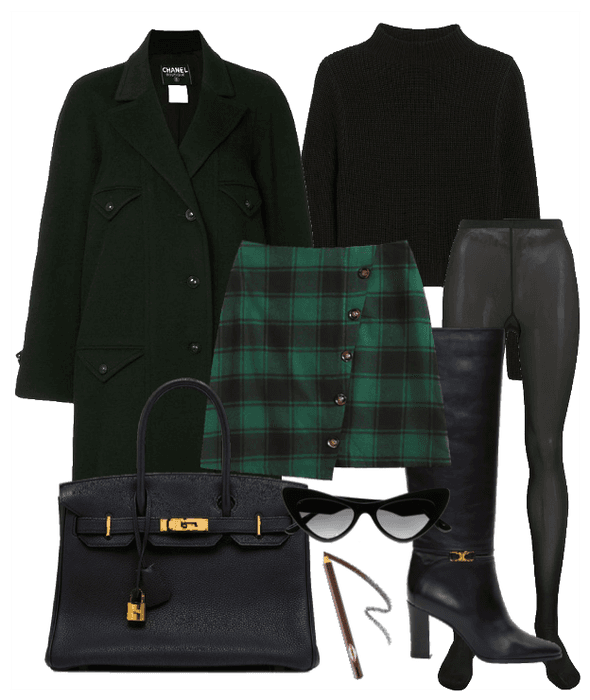 NYC Gal- Green Houndstooth Skirt Winter Outfit