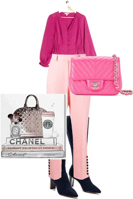 pink top and pink pants with chanel makeup and chanel pink purse with black boota