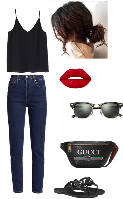 black tank top, boyfriend jeans, and Gucci belt bag summer outfit