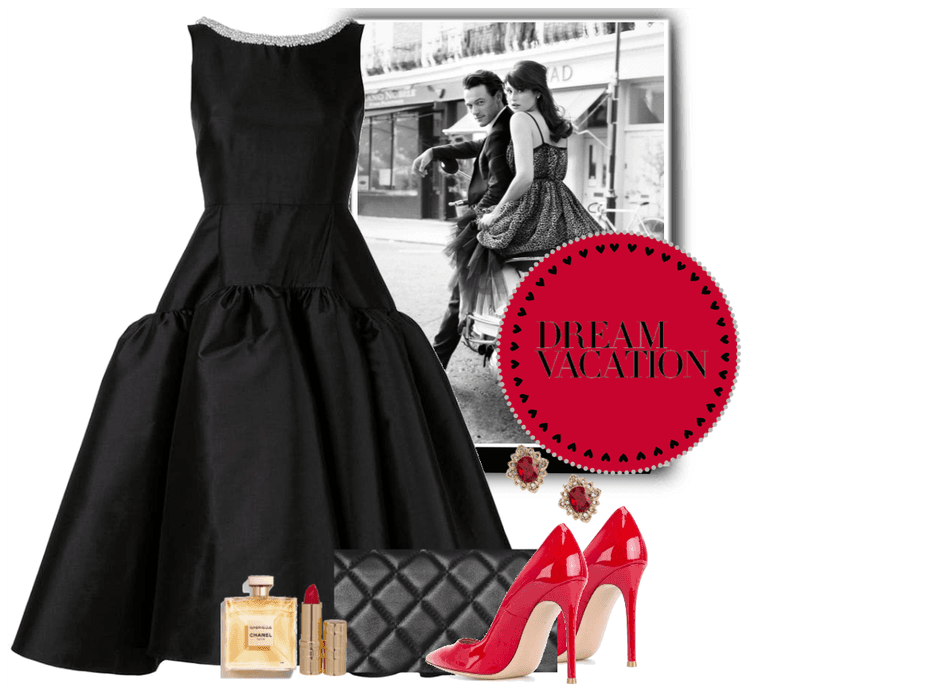 Black elegant dress with Red shoes