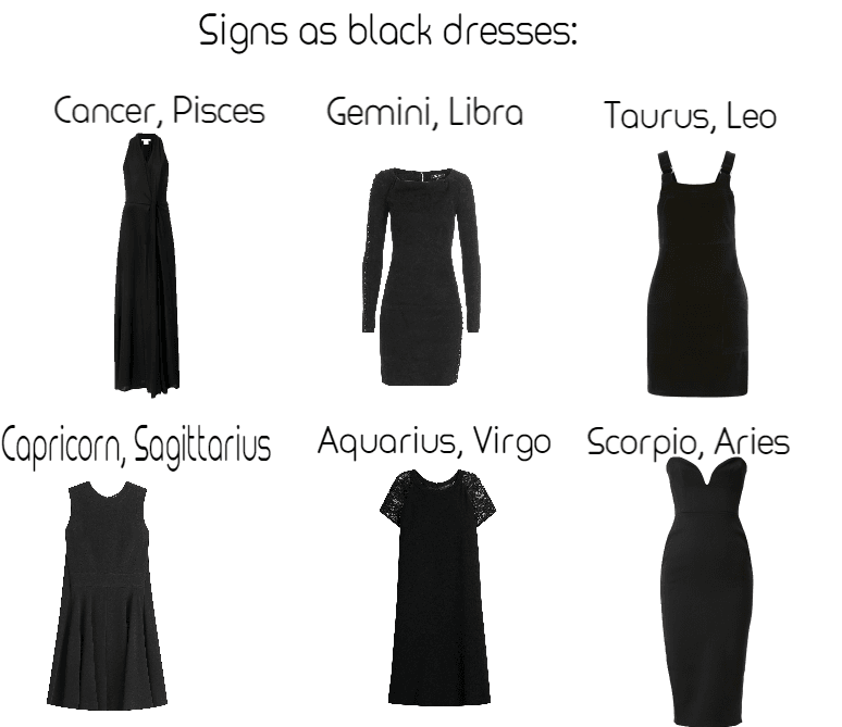 Zodiac signs as black dresses