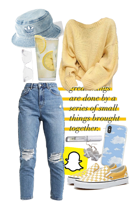yellow + white + blue outfit