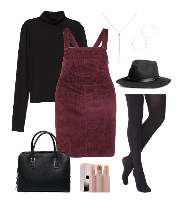 Berry Overall Dress with Turtleneck and Hat