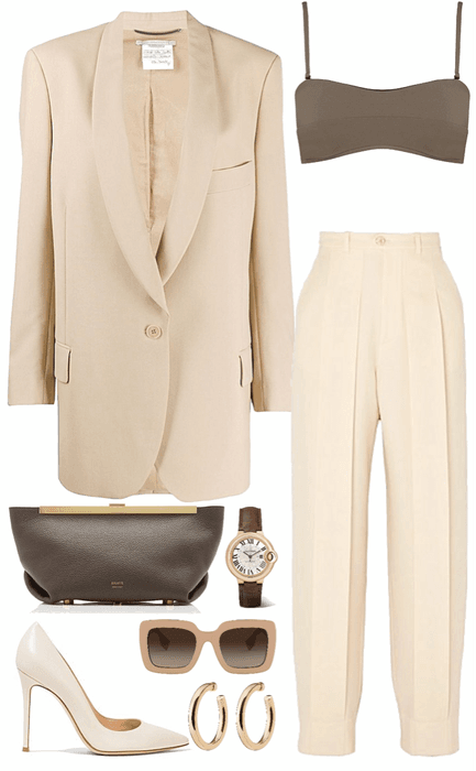 formal oversized beige blazer with brown bra & hand bag