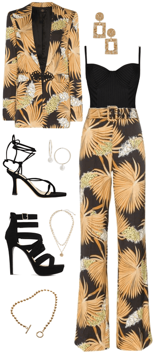Gold and black palm leaf printed suit outfit