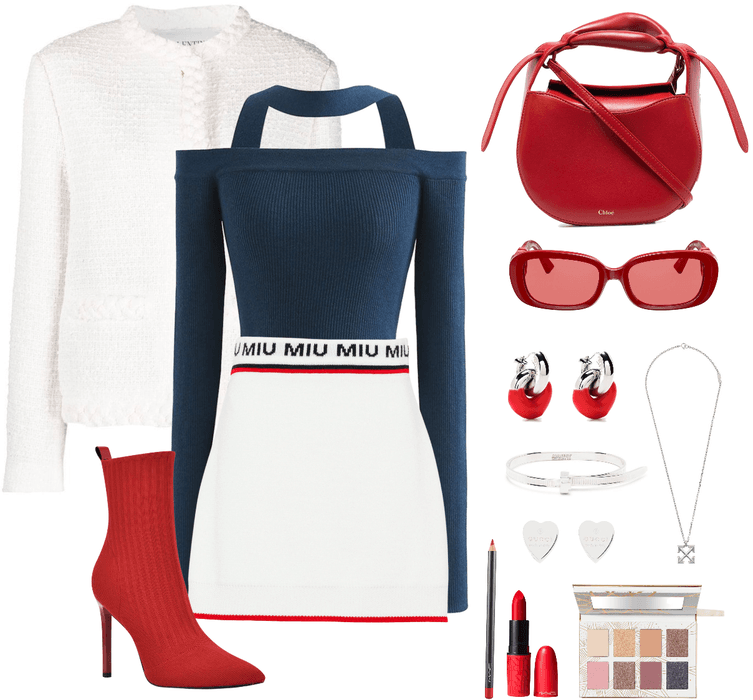 -red, blue & white outfit-