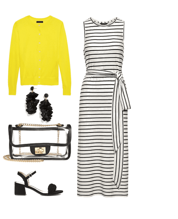 Striped Midi Dress with Yellow Cardigan