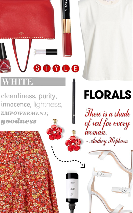 white t shirt and red florals