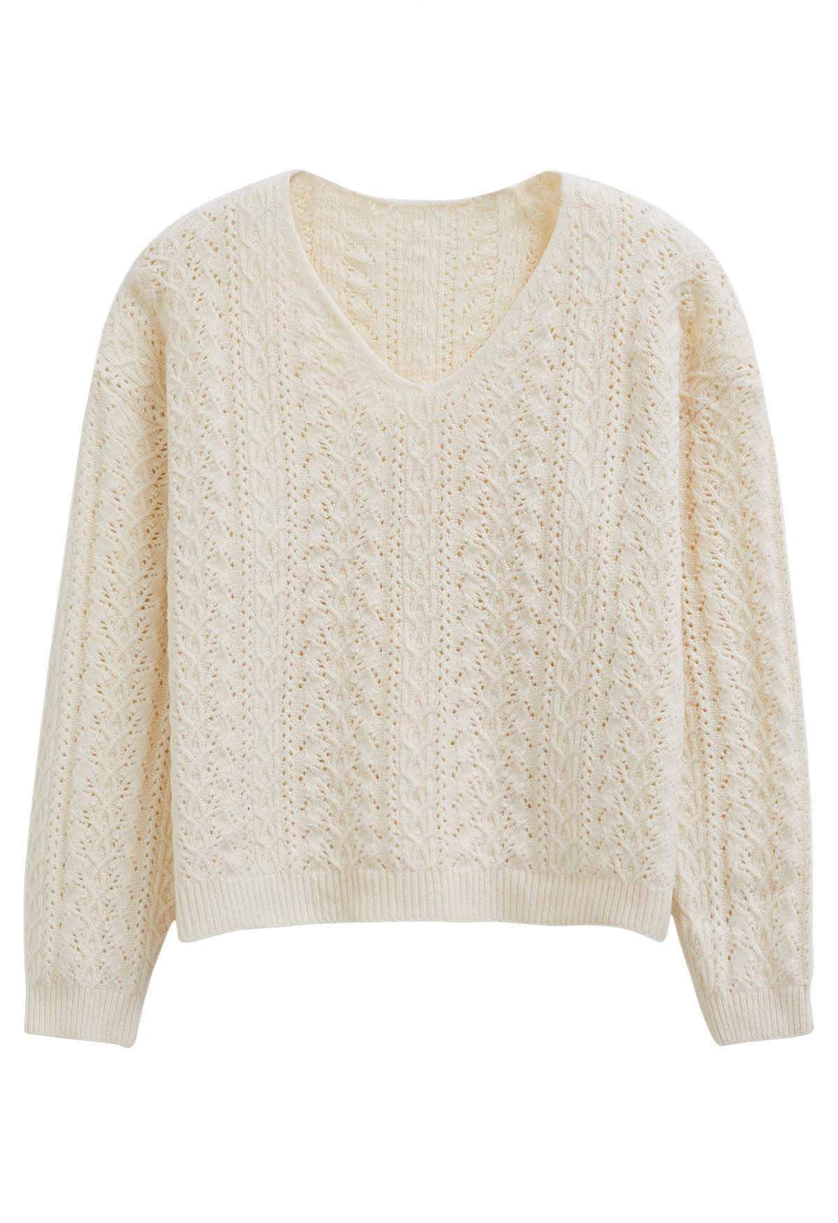 Sheer Aesthetic Cream Pointelle Knit Pullover Sweater Top