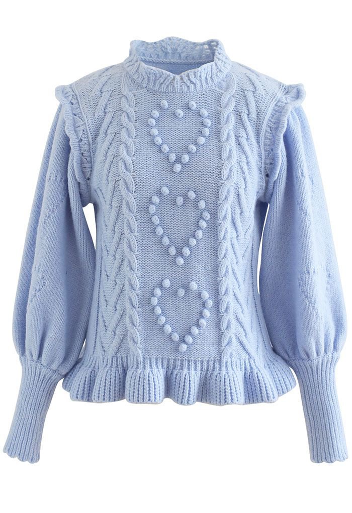 V-Neck Pointelle Knit Sweater in Dusty Blue - Retro, Indie and