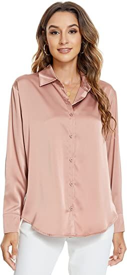 Atnlewhi Womens Long Sleeve Button Down Satin Silk Shirts Casual